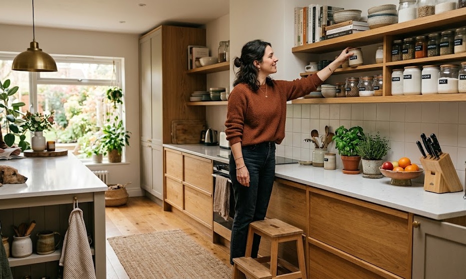 Persona che si allunga con calma verso una mensola alta in una cucina luminosa